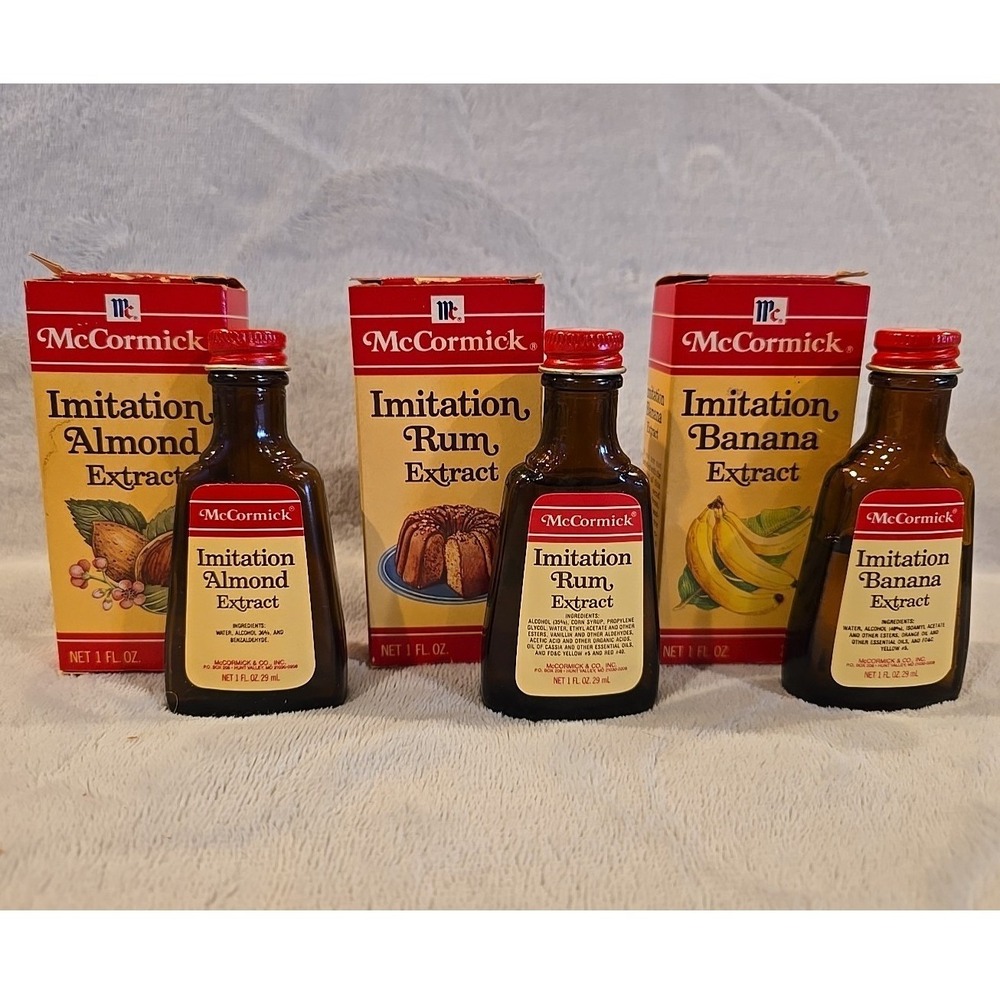 Vintage McCormick Imitation Extract‎ Set Almond Rum Banana Amber Glass Bottles
